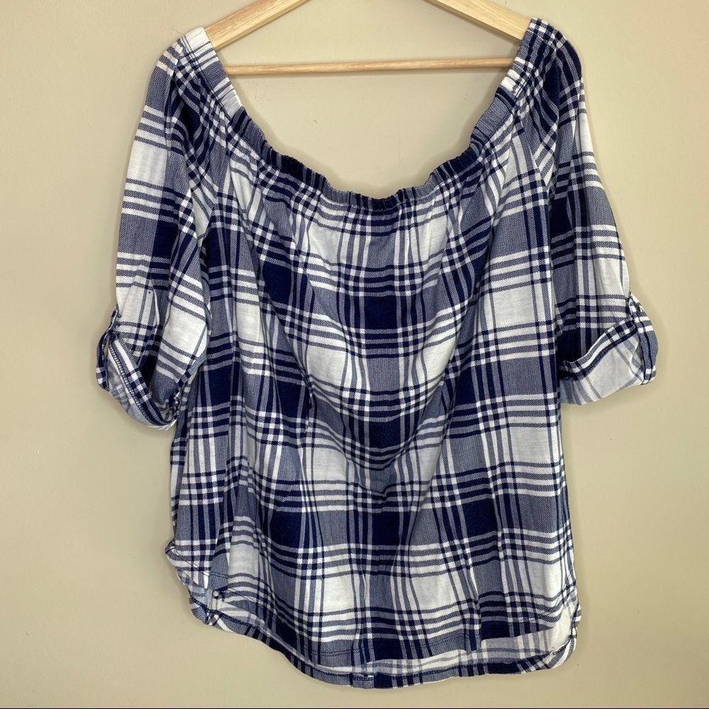 Off Shoulder Blue plaid shirt size 2X - Picture 5 of 7